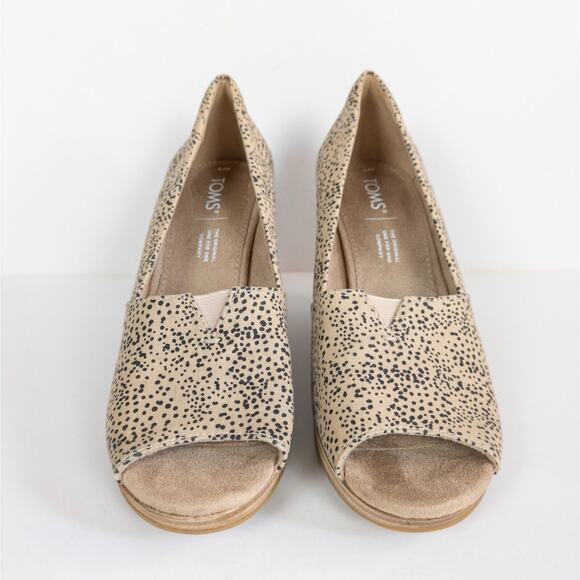 TOMS Michelle Wedge Heel Pump Sand Tiny Cheetah Peep Toe Canvas Women's 7 - Picture 6 of 8